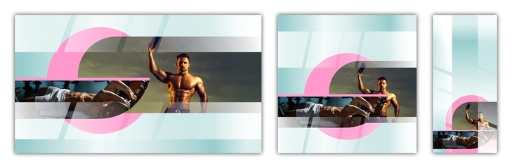 Fitness sport background. Template design, for print banner, web. Templates set of cover header brochure. Horizontal and vertical banners, square design.
