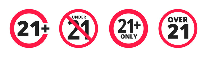 Under 21 forbidden round icon sign vector illustration set. Twenty one years or older persons adult content 21 plus only rating isolated on white background. - obrazy, fototapety, plakaty