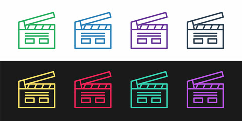 Set line Bollywood indian cinema icon isolated on black and white background. Movie clapper. Film clapper board. Cinema production or media industry. Vector