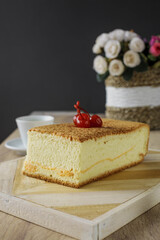 Castella the popular japanese deserts or sponge chake served on wooden table
