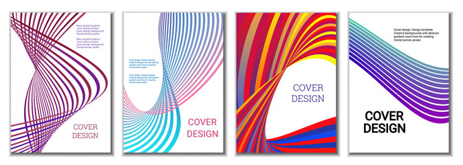 A set of 4 abstract covers. Wavy parallel gradient lines, ribbons evolve. Cover design, background. Trendy banner, poster.