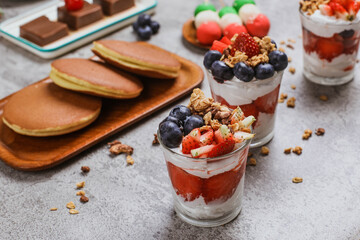 Potrait of Parfait, dorayaki, dango, and yokan, Japanese street food sweet, japanese deserts   