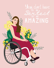 Fototapeta na wymiar Greeting card with woman in wheelchair. Disabled woman in dress. Body positive concept. Vector illustration 