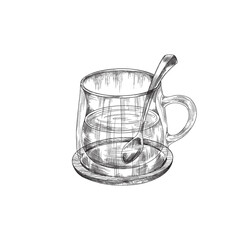 Indian tea in a glass cup, sketch vector illustration. Transparent mug of herbal or masala tea, engraved style drawing. - obrazy, fototapety, plakaty