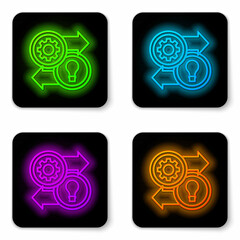 Glowing neon line Human resources icon isolated on white background. Concept of human resources management, professional staff research, head hunter job. Black square button. Vector