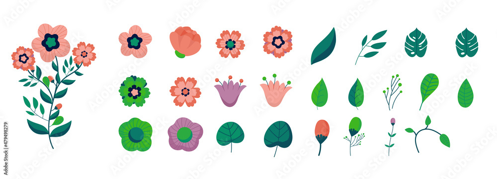 Poster flower design elements - floral vector graphics on white background to create custom flowers