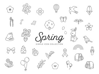 春のシンプルな線画アイコンセット01 / 桜、花、自然、動物、イラスト / オープンパスあり / モノクロ