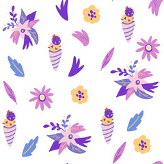 Ice cream and flowers seamless pattern. Great for fabric, textile. Good for decoration children party. Vector cartoon Illustration