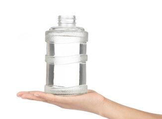 Hand holding Water bottle isolated on white background