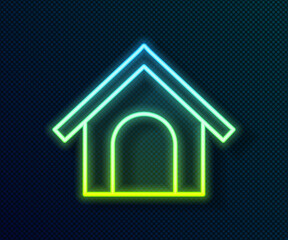 Glowing neon line Dog house icon isolated on black background. Dog kennel. Vector