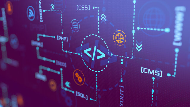 infographic illustration, web development concept with keywords and icons (3d render)