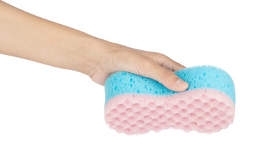 Hand holding Wash Sponge isolated on white background