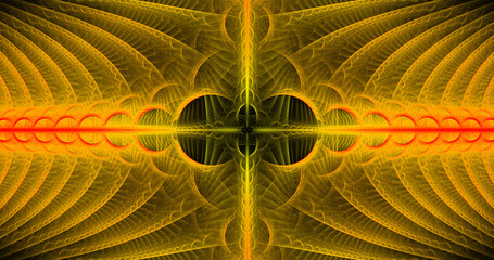 Abstract festive background with blurred fantastic yellow and red swirl. Fantastic glowing fractal shapes. Holiday wallpaper. Digital fractal art. 3d rendering.