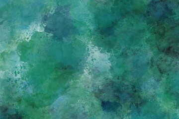 Watercolor abstract background with splashes, emerald color and offset effect
