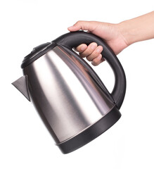 Hand holding Modern electric kettle isolated on white background.