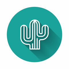 Fototapeta na wymiar White line Cactus icon isolated with long shadow background. Green circle button. Vector