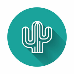 Obraz premium White line Cactus icon isolated with long shadow background. Green circle button. Vector