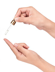 Hand holding Skincare serum dropper bottle isolated on white background.