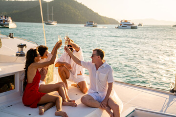 Group of man and woman friends enjoy party drinking champagne with talking together while catamaran...