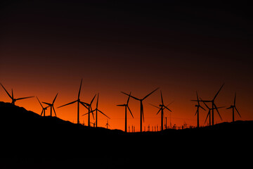 Sunset in Coachella Valley Wind Turbines Power Plant