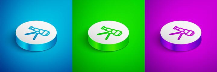 Isometric line Telescope icon isolated on blue, green and purple background. Scientific tool. Education and astronomy element, spyglass and study stars. White circle button. Vector