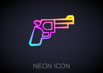 Glowing neon line Pistol or gun icon isolated on black background. Police or military handgun. Small firearm. Vector