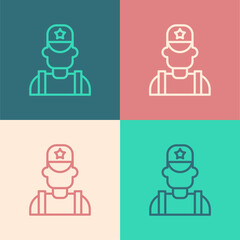 Pop art line Sheriff cowboy hat with star badge icon isolated on color background. Police officer. Vector