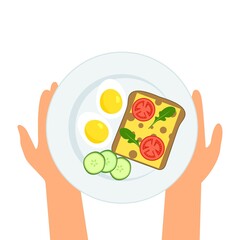 Hands holding plate  with  eggs, sandwich, tomatoes, cucumbers, arugula on a plate for breakfast or lunch. Healthy food. Vector illustration isolated on a white background