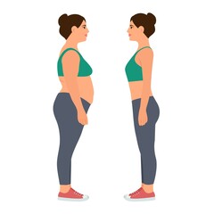 Young woman with overweight and slim body in sportswear.  Before and After Weight Loss. Vector illustration Isolated on white.