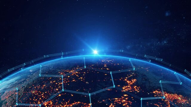 Communication technologies for internet business. Global world network and telecommunications on earth cryptocurrency, blockchain and AI.