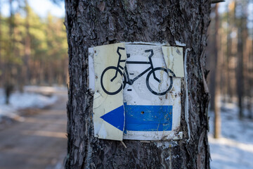 znak niebieskiej ścieżki rowerowej w zimowym lesie zbliżenie - obrazy, fototapety, plakaty