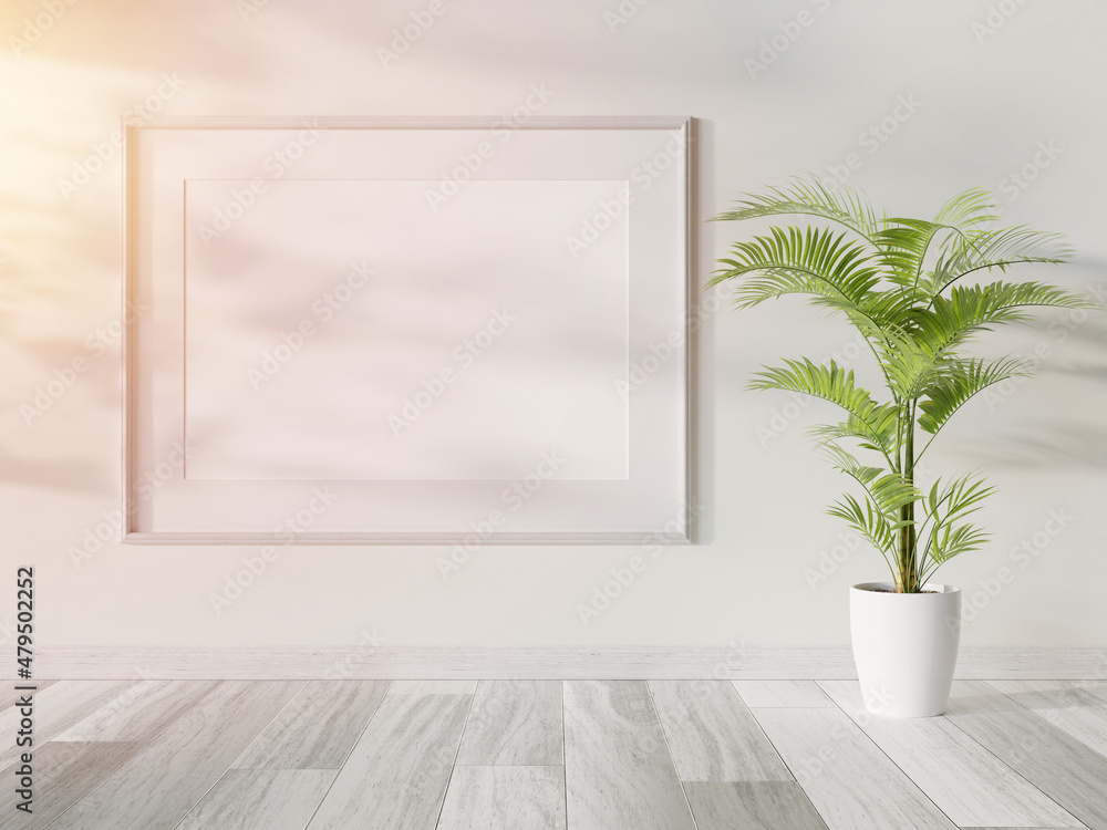 Poster white frame hanging in bright interior mockup. template of a picture framed on a wall 3d rendering