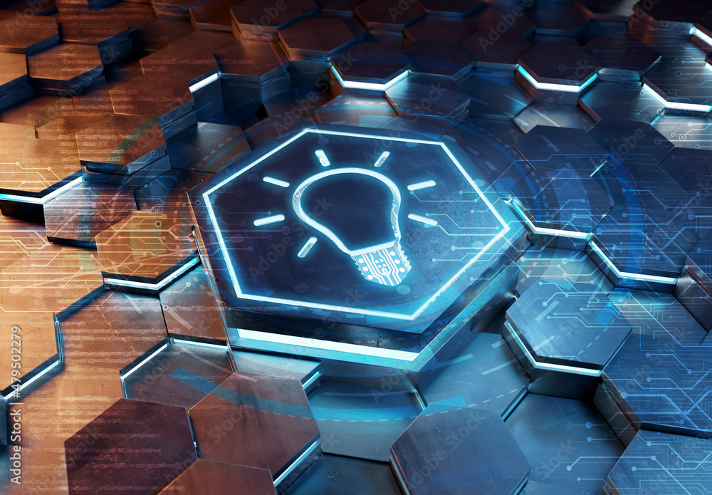 Aufkleber Lightbulb icon creativity concept engraved on metal hexagonal pedestral background. Innovation symbol glowing on abstract digital surface. 3d rendering