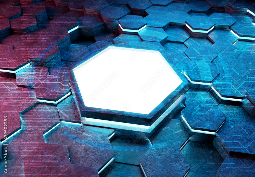 Poster Glowing pink and blue hexagons podium background pattern. Hexagonal metal Mockup with lights and reflections. 3D rendering