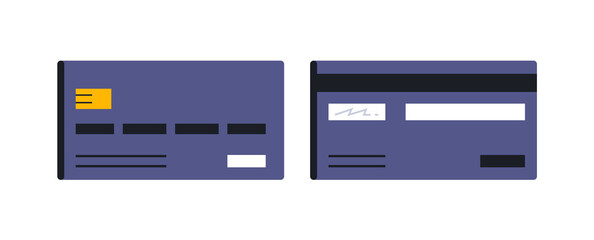 Bank card front and back view. Card for paying for purchases and orders. Money, cash, pay, chip, pin, personal signature, autograph. Vector illustration isolated on white background.