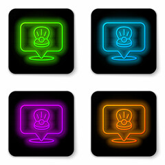 Glowing neon line Scallop sea shell icon isolated on white background. Seashell sign. Black square button. Vector