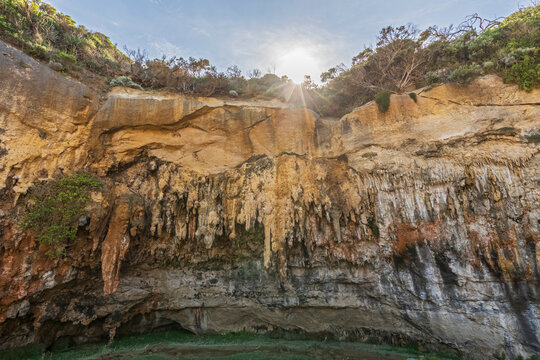 Australia, Victoria, Stalactites hanging inside exposed cave in Port Campbell National Park
