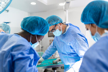 A surgeon's team in uniform performs an operation on a patient at a cardiac surgery clinic. Modern...