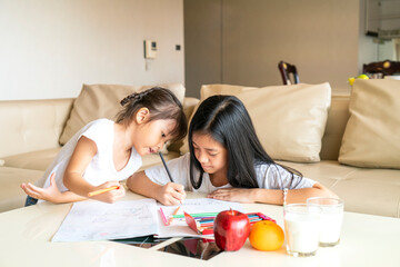 Asian girl and her mixed race sister doing homework together while staying at living room at home