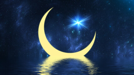 Fototapeta na wymiar Islam crescent star in night sky, Ramadan. Moon and light star reflected in water of sea. Muslim religious holiday Mubarak. Crescent moon is a symbol of God Allah