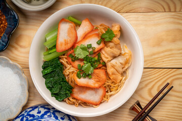 Egg Noodles and Wonton Noodles with Red Barbecue pork dry noodle.