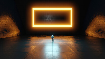 Three dimensional render of astronaut standing in front of large rectangle glowing inside dark empty interior