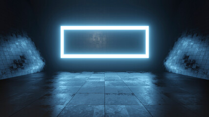 Three dimensional render of large rectangle glowing inside dark empty interior
