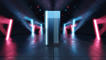 Three dimensional render of network server standing inside dark room illuminated with blue and pink neon lights