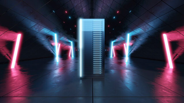 Three dimensional render of network server standing inside dark room illuminated with blue and pink neon lights