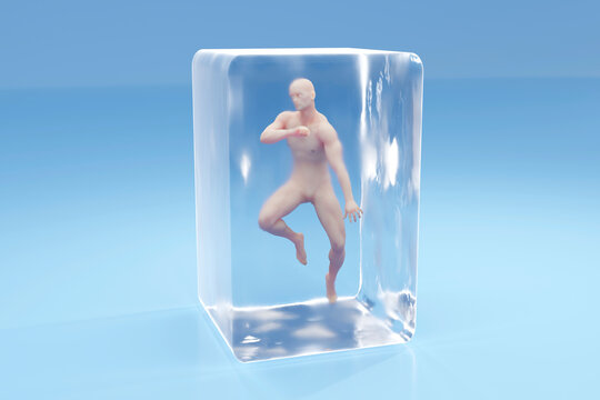 Three dimensional render of male character frozen inside cryogenic cube