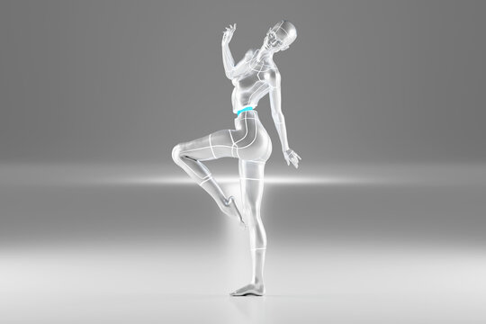 Three dimensional render of gynoid standing on one leg against white background