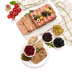 Traditional French terrine covered with bacon isolated on white background