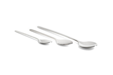 Clean shiny metal spoon isolated on white. Stainless steel small kitchen dessert teaspoon cut close up. Tablespoon. Kitchen utensils concept. Set of realistic spoons from different points of view