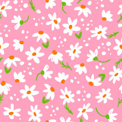 pink floral background with white daisies. seamless pattern